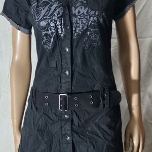 Chic Black Graphic Button-Up Mini Dress